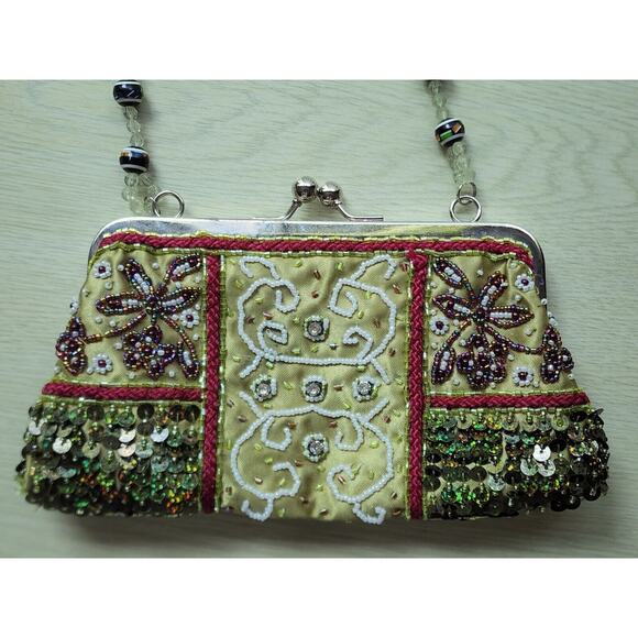 BEADED PURSE-Small-Beaded Handle-Green-Sequins-Evening Bag-Bling-Unique - Picture 11 of 16